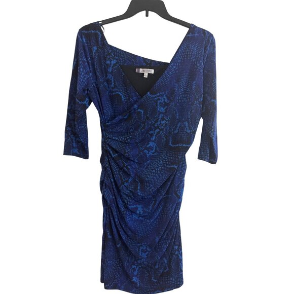 Jennifer Lopez Blue Snake Print Ruched Dress Women L Polyester Blend 3/4 Sleeve - Picture 1 of 4
